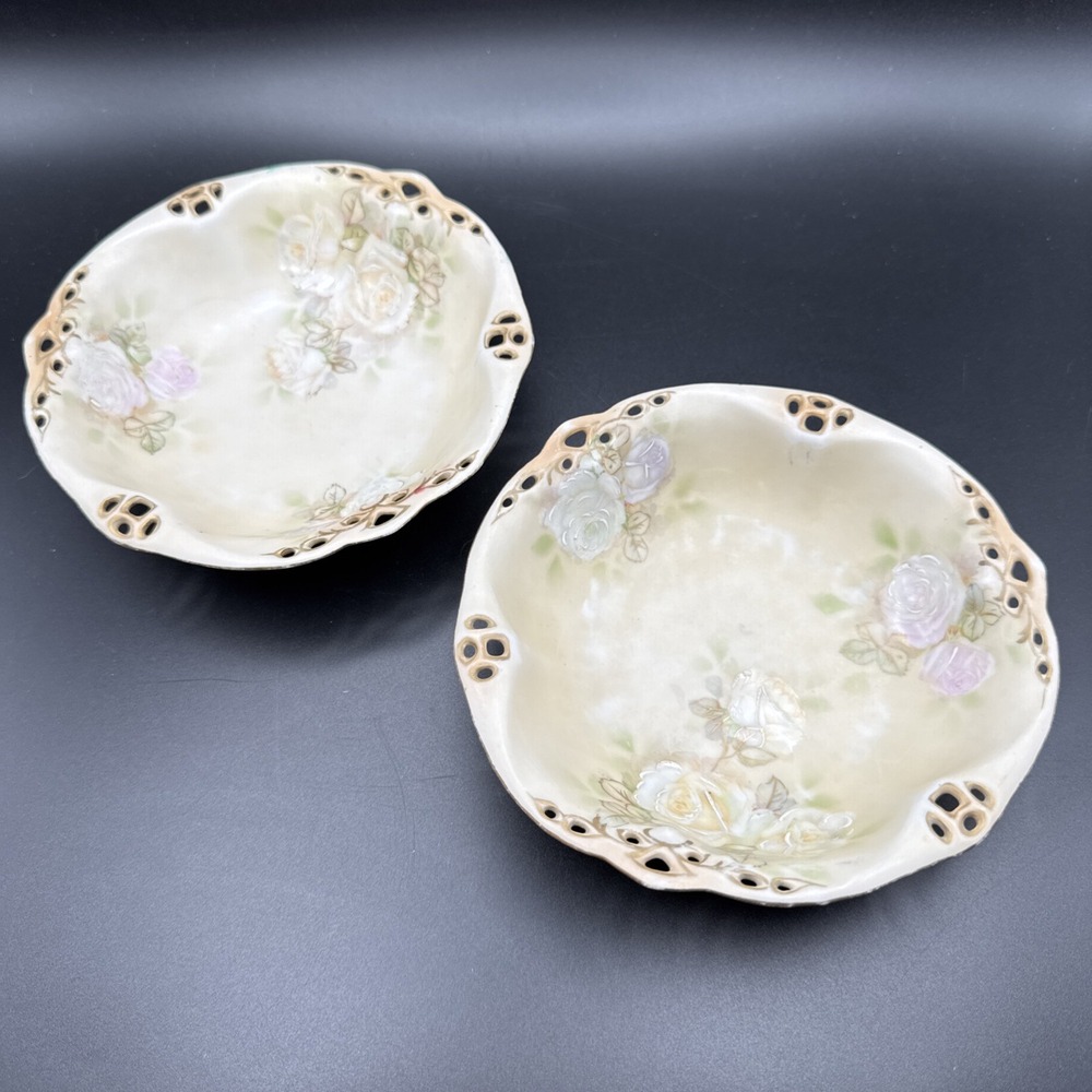 Royal‎ Bayreuth Bavaria Bowls Old Ivory Hand Paint White Rose Reticulate Antique